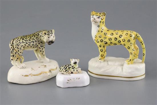 Three Staffordshire porcelain figures of leopards, c.1840-50, L. 4.2 - 7.7cm